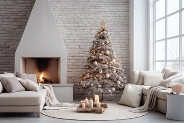 Traditional Christmas interior with decorated xmas tree, candles and gift boxes 
