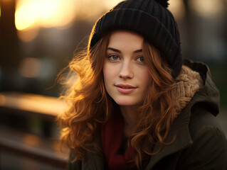 A young woman is sitting on a park bench, looking relaxed and illuminated by natural light. - 650407367