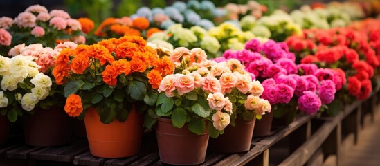 Fototapeta na wymiar Potted seasonal flowers in a vibrant greenhouse