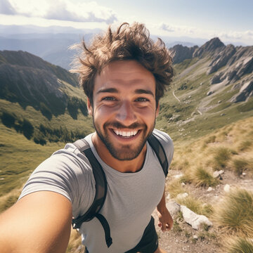 Male gap year traveller taking a selfie on some mountaintops