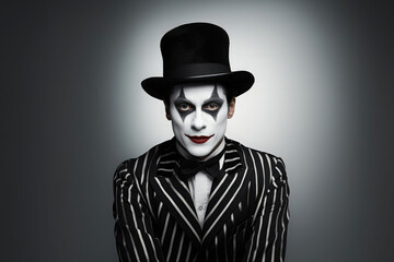 portrait of a black and white mime with hat and make-up