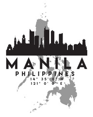 Vector illustration of the Manila city skyline silhouette on the map with the coordinates