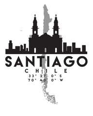 Vector illustration of the Santiago city skyline silhouette on the map with the coordinates