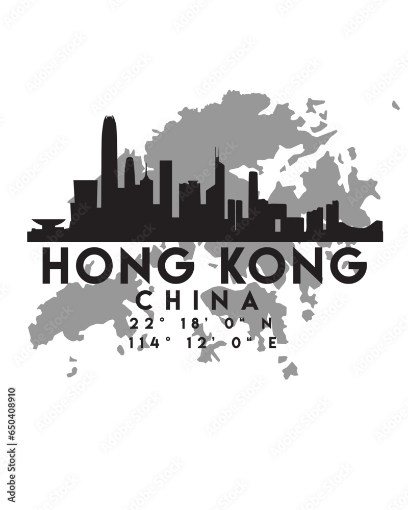 Poster vector illustration of the hong kong city skyline silhouette on a map with the coordinates