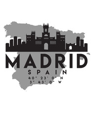 Vector illustration of the Madrid city skyline silhouette on a map with the coordinates