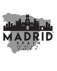 Obraz premium Vector illustration of the Madrid city skyline silhouette on a map with the coordinates