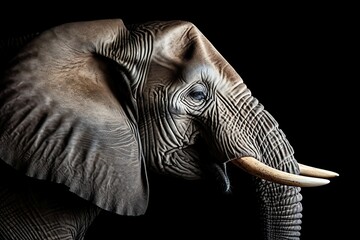 head profile closeup of gray big elephant isolated on black background with copy space area | Generative AI
