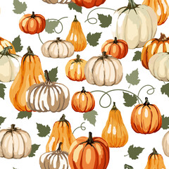 Pumpkins with leaves. Seamless pattern on a transparent background.