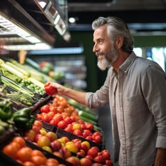 Fototapeta premium Mature man shopping for fresh produce in the vegetable market section of a supermarket