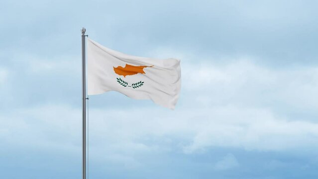 Cyprus flag waving in the wind, cloudy blue sky with running clouds, endless seamless loop