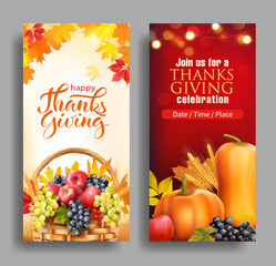 Thanksgiving greeting banners with fruits and pumpkins. Vector set. 