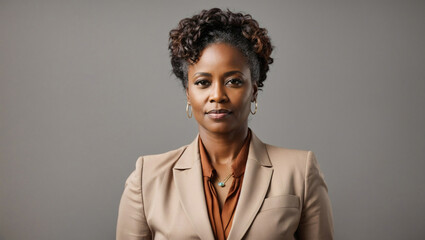 Bellissima donna di mezza età di origini africane in ufficio con vestito elegante su sfondo uniforme