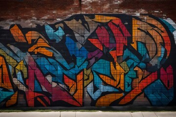 graffiti on the wall, Amidst a bustling cityscape, Beautiful cubism graffiti adorns a weathered brick wall.