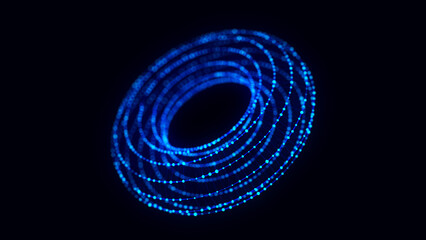 Abstract blue torus on black background. Wireframe circle structure with glowing particles and lines. Futuristic digital illustration. 3D rendering.