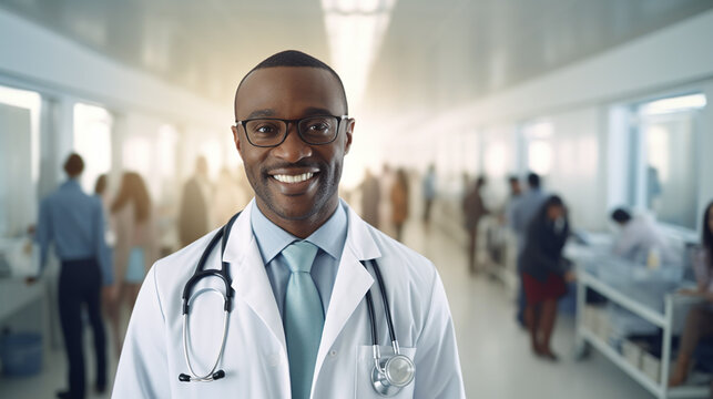 afro american male doctor in confident with stethoskope stands in the corridor of a hospital