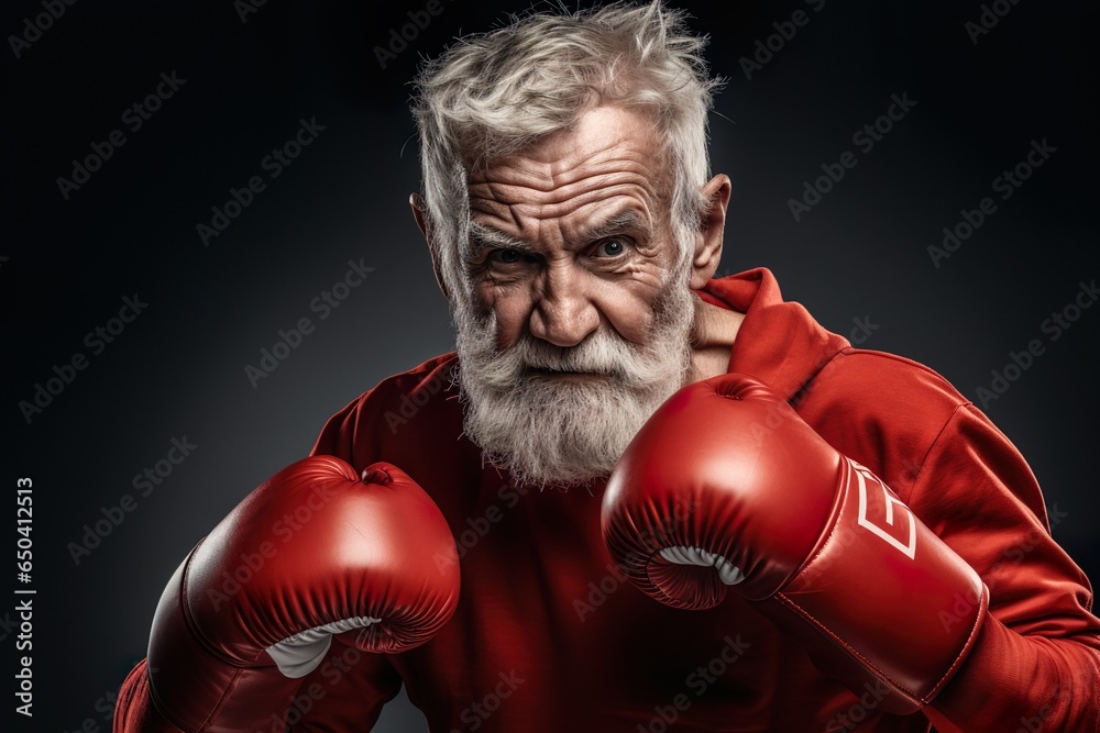 Wall mural Elderly senior men wearing red boxing gloves, confident smiling expression ready for fight. Wide banner copy space on side | Generative AI