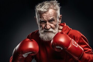 Elderly senior men wearing red boxing gloves, confident smiling expression ready for fight. Wide banner copy space on side | Generative AI - obrazy, fototapety, plakaty