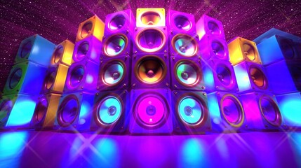 Vibrant colorful audio speakers stand against a starry night sky, creating a magnetic visual experience.. Generative AI - obrazy, fototapety, plakaty