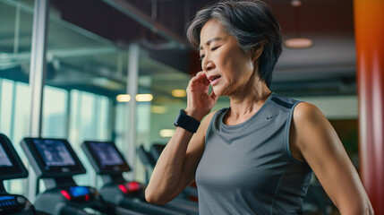 portrait of a happy middle aged asian woman doing workout at  the fitness studio - obrazy, fototapety, plakaty