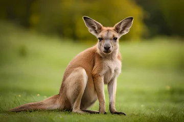 Fotobehang Create an endearing scene featuring a baby kangaroo peeking out of its mother's pouch © Hassan