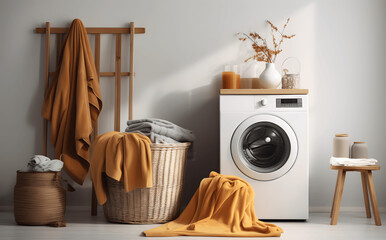 laundry basket with laundry and towels in front of the washing machine, in the style of warm tones, rounded, ink-washed, light amber and gray, wood