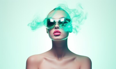 Stylish Woman with Sunglasses and Turquoise Smoke