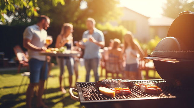 family and friends having fun at picnic with barbecue in the garden