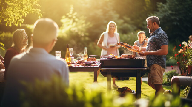 family and friends having fun at picnic with barbecue in the garden