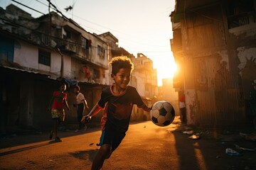 Happy Child Playing Soccer in Brazilian Favela