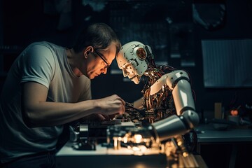 Middle-Aged Engineer Concentrating on Robotics in Workshop