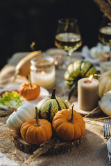 Autumn elegant beautiful table setting with pumpkins for a wedding or thanksgiving celebration. Fall decoration rustic style, cozy home atmosphere , candles, dry flowers