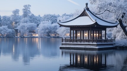 Obraz premium Winter Reflections: Japanese Traditional Architecture by the Lake