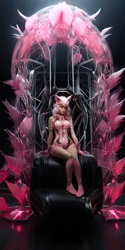 Catgirl in Pink Latex on Throne - Fantasy Concept