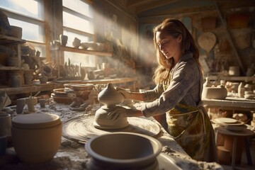 Woman Crafting Ceramics on a Potter's Wheel