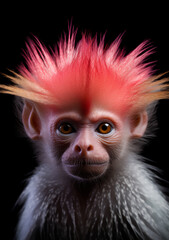 Up-close with a Monkey Sporting a Wacky and Unusual Vibrant Red Orange Hairdo - The Animal Kingdom's Funny Side. Generative AI.