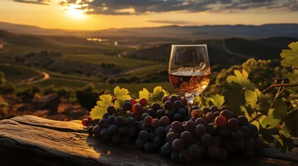Zelfklevend Fotobehang Drinking glass on the table in the grape garden at sunset. © OKAN