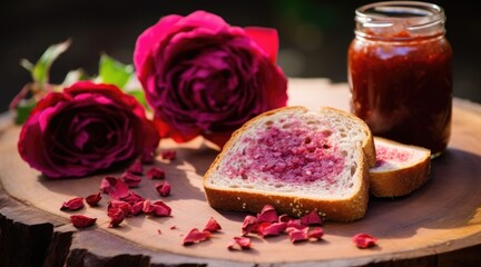 A piece of bread with jam and a rose - obrazy, fototapety, plakaty