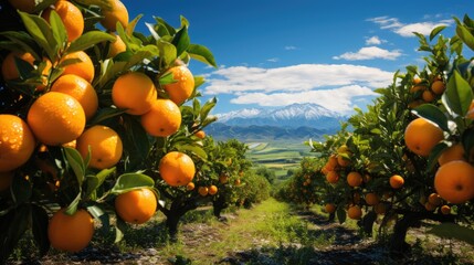 A panoramic view captures the majesty of orange trees heavy with fruit, with distant mountains adding to the scene's grandeur.  The paths between the rows of orange trees invite you to wander.