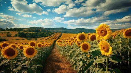 Journey through vivid path in an endless, vibrant sunflower field, sunflowers rise tall, their golden petals reflecting the sun's warmth, cloudy sky, with rolling hills in the distance