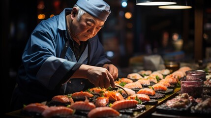 Sushi chef delicately places a slice of sashimi in deep concentration.