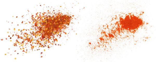 Crushed red cayenne pepper, dried chili flakes and ground minced paprika pile isolated on white, top view - obrazy, fototapety, plakaty