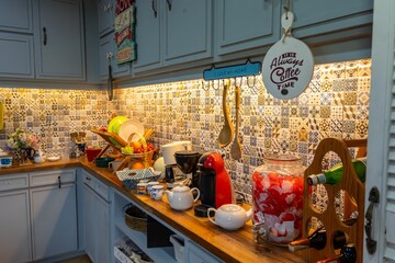 a small kitchen with a counter and oven under the lights