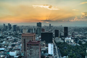 Fototapeta premium Aerial view of Mexico City at sunset