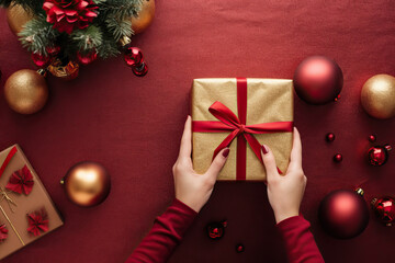 Anonymous person holding a wrapped present in front of christmas decorations created with Generative AI technology