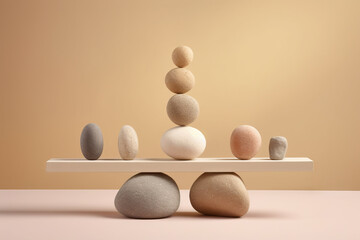 Generative AI image of decoration of smooth pebbles artwork balancing one on another on smooth surface with shadow in room with beige wall in daylight