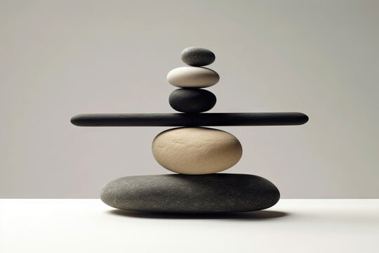 Generative AI image of pebbles balancing on black plank on round stone with shade and placed on rock on white surface against gray wall in day