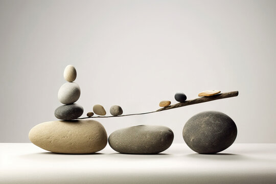 Generative AI image of pebble art standing on round stones placed on marble surface