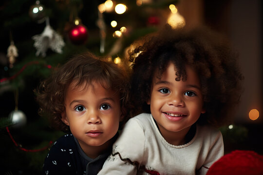 Generative AI illustration of african american cheerful children surrounded by decorative details for Christmas and looking at camera