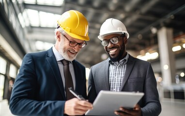 Two business partners in formal wear and with protective helmets on heads walking and talking about business. Generative AI