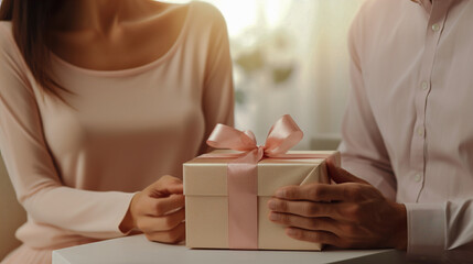 Generative AI image of crop anonymous couple with small gift box wrapped with pink ribbon placed on table against blurred background